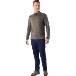 Men'S Merino Cool Long Sleeve Polo Dark Olive Brown Marl